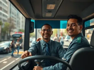 Kierowca autobusu miejskiego w schludnym mundurze prowadzi pojazd, skupiony i zadowolony, w tle pasażerowie wsiadający na przystanku.