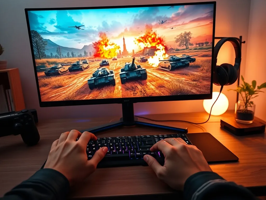 Gracz przy biurku gra w World of Tanks na dużym monitorze, kolorowe podświetlenie RGB podkreśla domowe stanowisko gamingowe