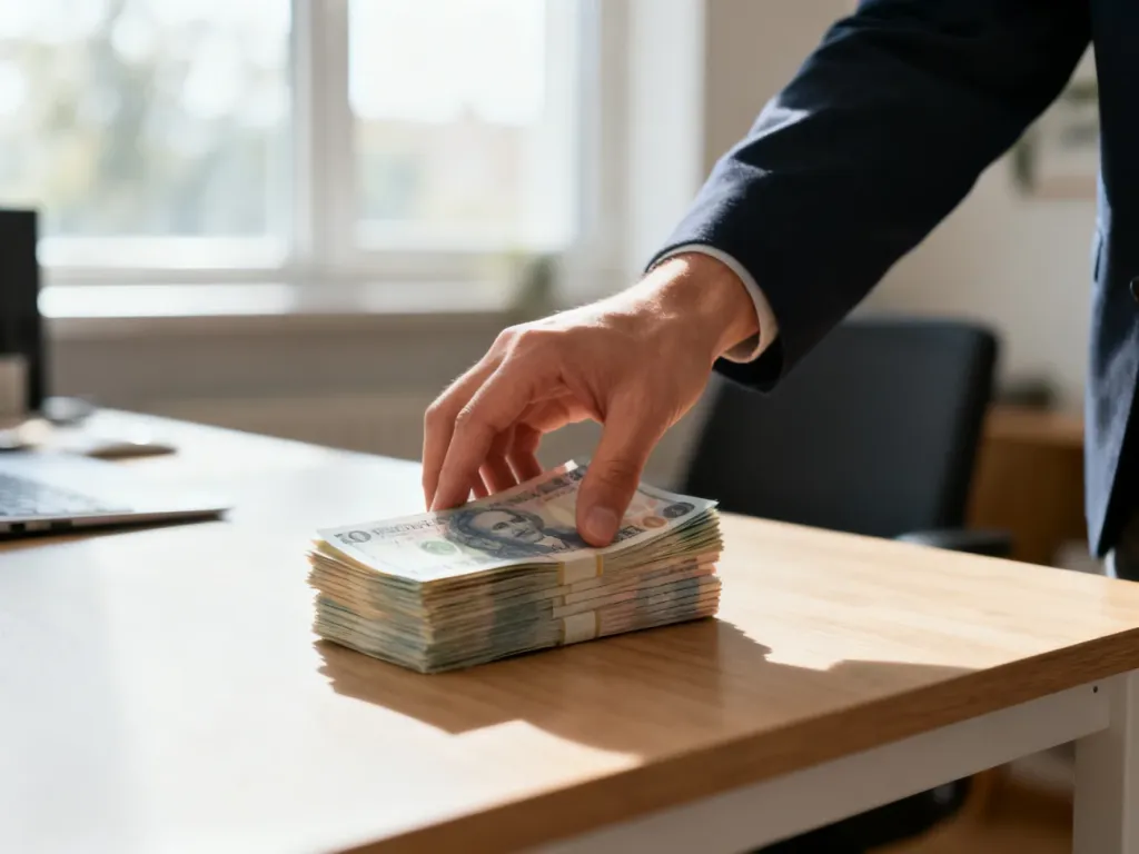 Dłoń kładąca plik banknotów na biurku, symbolizująca przekazanie darowizny pieniężnej w domowym zaciszu.